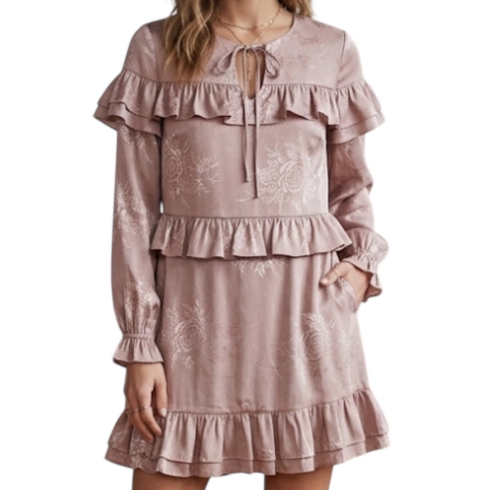 Listicle Rose Gold Jacquard Floral Ruffle Mini Dress Boho Shimmer Small NWOT